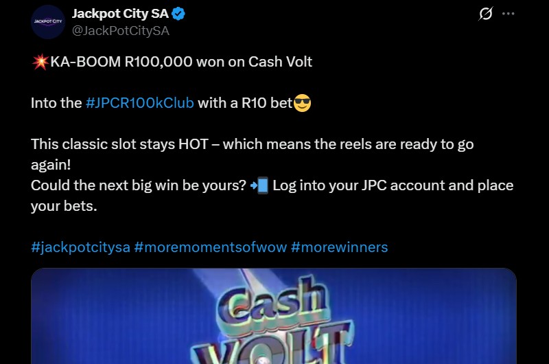 Twitter R100K Cash Volt Victory at Jackpot City